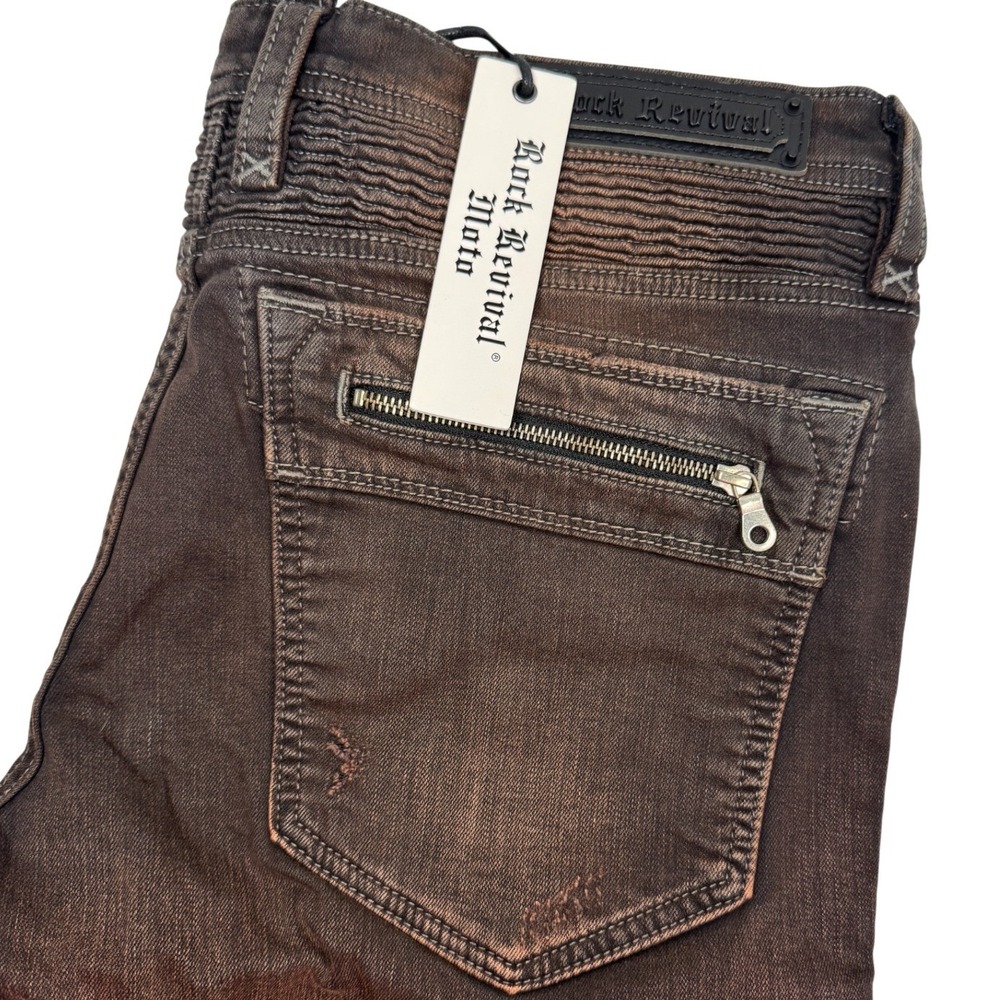 Rock Revival Moto Jeans Daviday Mens 38 Stretch Slim Stretch Dk Brown Grunge NEW